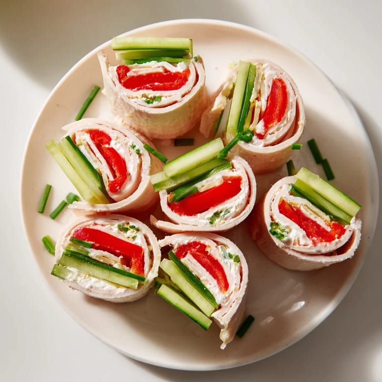 Cream cheese-filled turkey roll-ups showcasing colorful bell peppers and crisp cucumber inside.