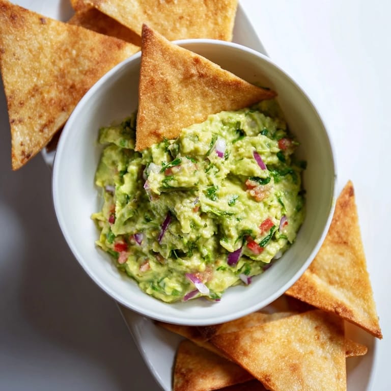 Freshly made Pita Chips and Guacamole Bowl, with perfectly seasoned avocado and crunchy baked pita.