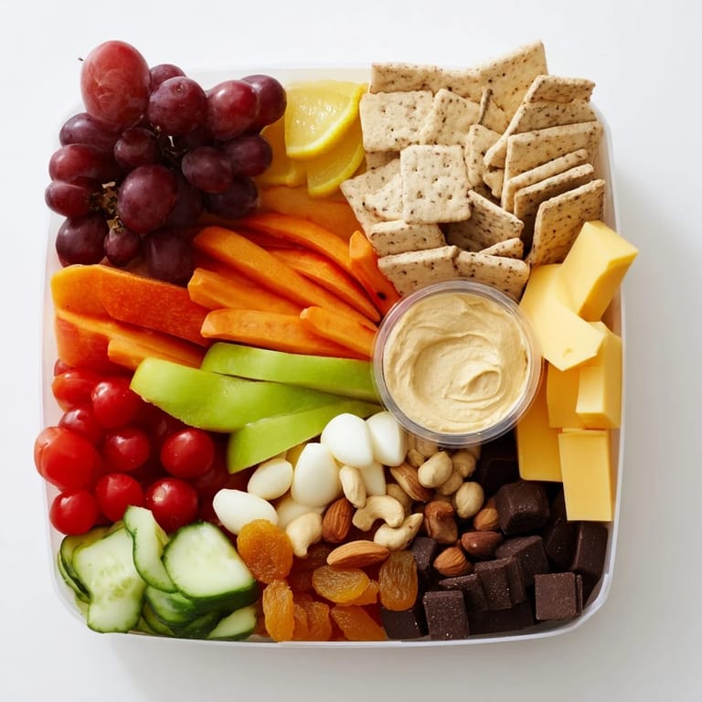 A delightful road trip snack box, featuring savory cheese, crunchy crackers, and sweet dried fruit.