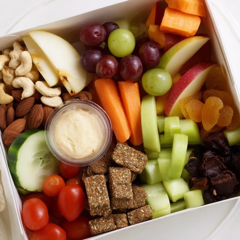 Delicious and organized road trip snack box packed with fresh fruits, hummus, and hard-boiled eggs for travel.