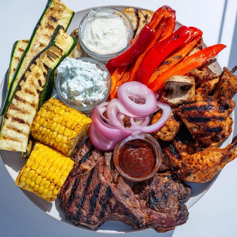 This Backyard BBQ Companion photo shows a rustic spread: grilled beef, pork, and chicken with colorful vegetables.