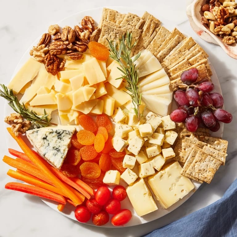 Visually appealing housewarming open house spread with assorted cheeses, crackers, and colorful garnishes for guests.
