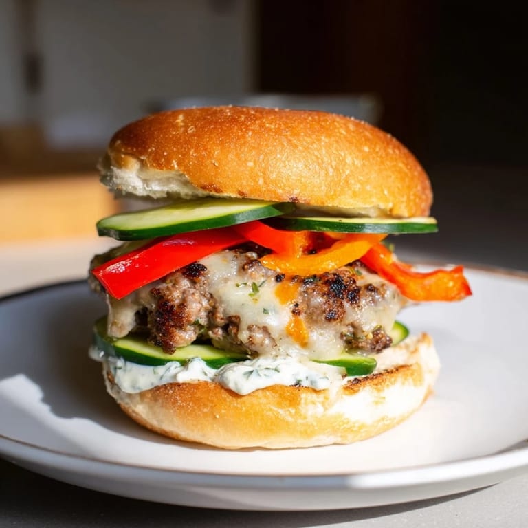 Mouthwatering image of a fully assembled Fire & Ice Burger, ready to be enjoyed with a creamy dip.