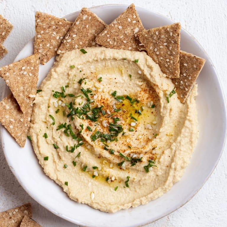 Imagine a Sandstone Canyon dip: creamy hummus, stacked with crackers, garnished with seeds and parsley.