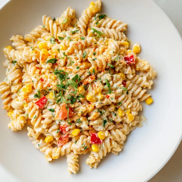 This photo features the vibrant colors of One-Pot Mexican Street Corn Pasta, ready to be enjoyed.