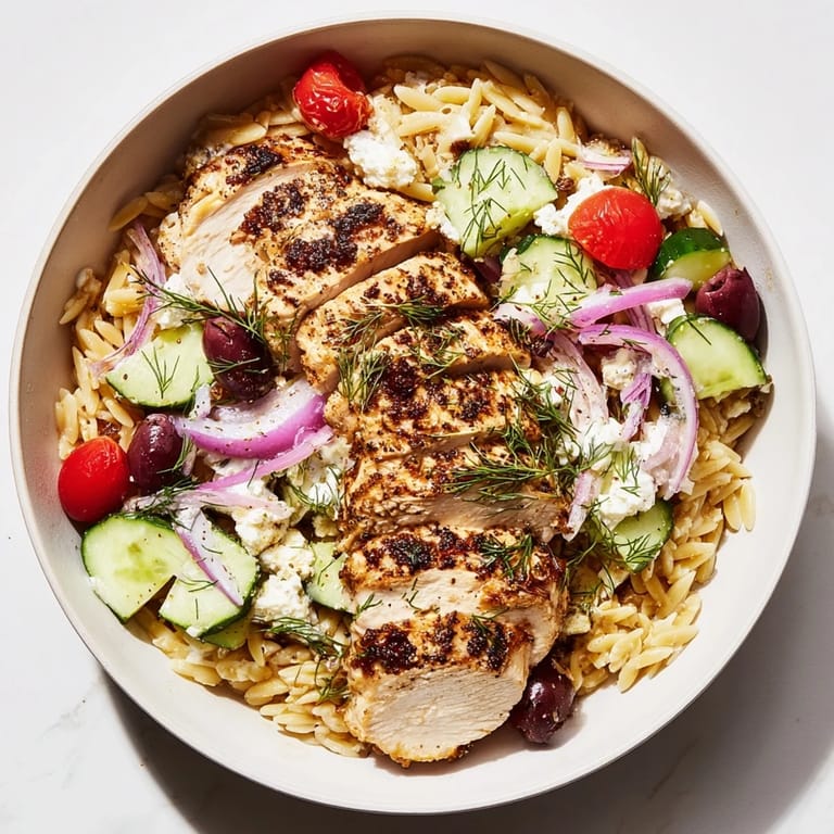 Imagine a close-up of delicious Greek Chicken Gyro Pasta Bowls with colorful veggies, perfectly cooked chicken, and creamy sauce.