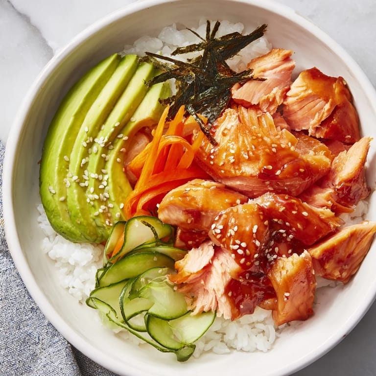 A close-up of a Japanese-Style Salmon & Chicken Rice Bowl with colorful veggies and sesame seeds.