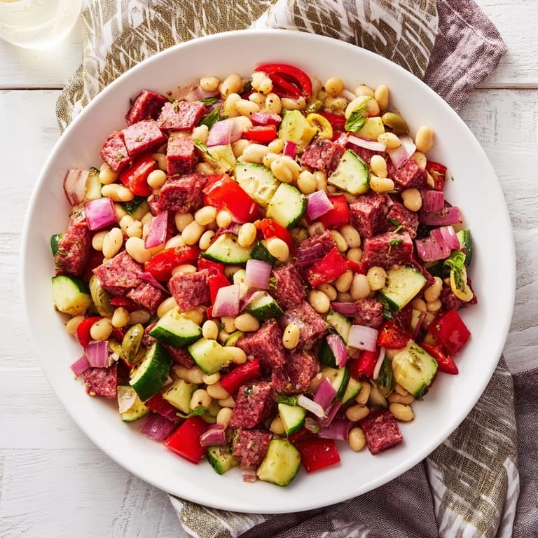 Enjoy a refreshing Mediterranean Dense Bean Salad with Salami, a healthy, flavorful meal, ready in minutes.