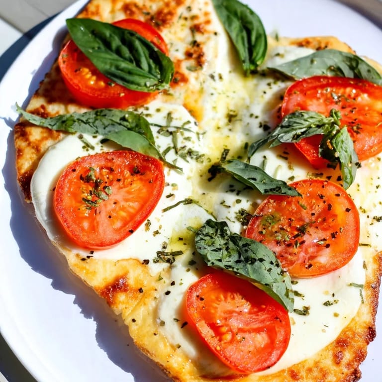 Golden-crusted Quick Margherita Naan Pizza, featuring melted mozzarella and vibrant tomato slices.