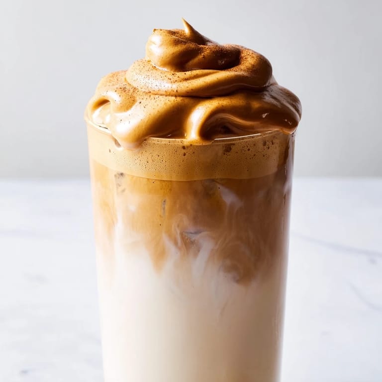 A refreshing Brown Sugar Dalgona Latte, a homemade, frothy coffee treat with a sprinkle of cinnamon.