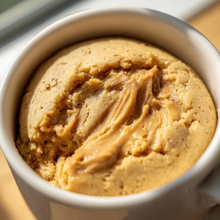 A single serving of a decadent 2-Minute Peanut Butter Mug Cake, perfect for a quick dessert craving.