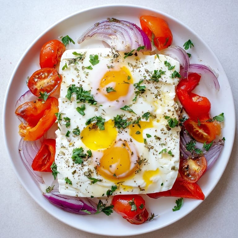 A close-up of a bubbling Mediterranean Baked Feta & Eggs dish, ready for dipping with crusty bread.