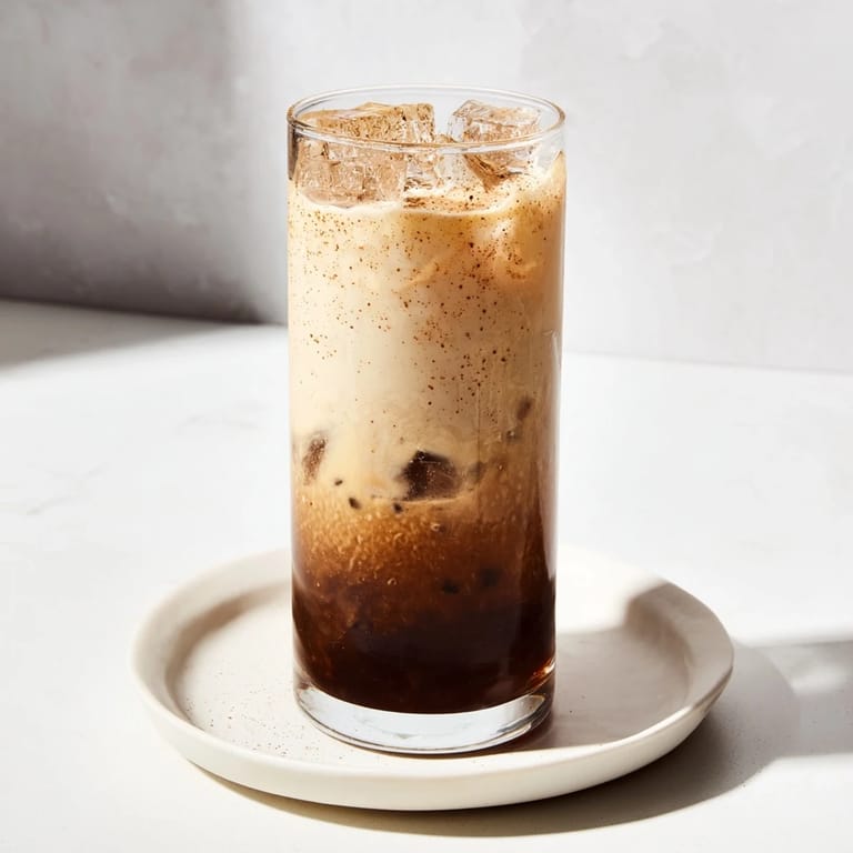 Cold and creamy Iced Brown Sugar Oat Latte with ice, a sweet and refreshing caffeinated beverage.