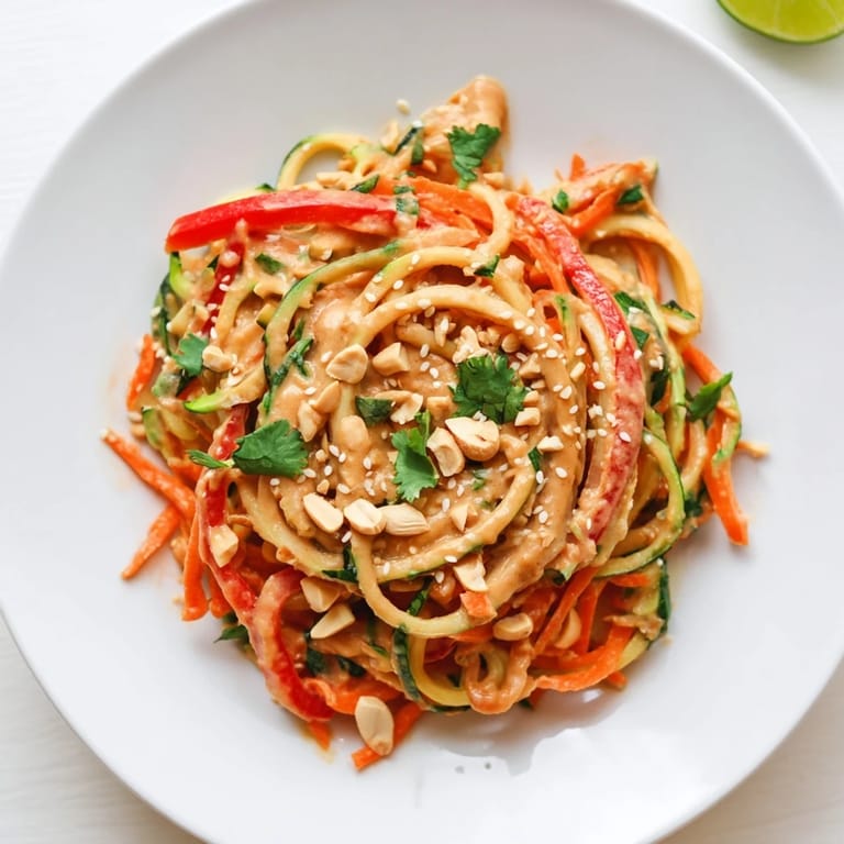 Cool, inviting bowl of Zesty Peanut Zucchini Noodles, ready to enjoy with a squeeze of lime.