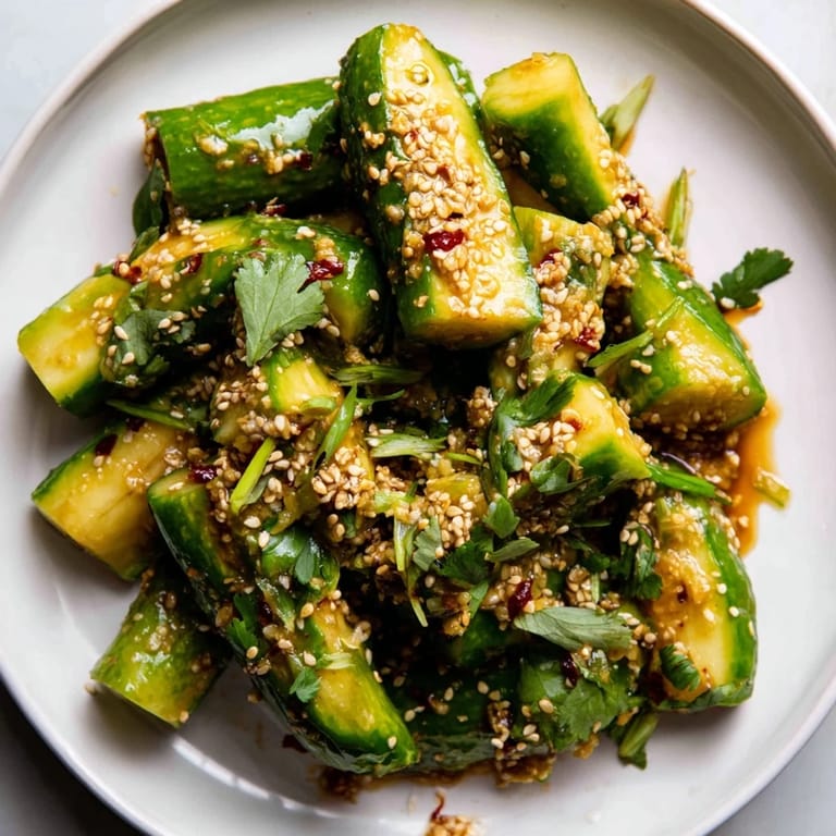 Freshly tossed Chinese Spicy Smashed Cucumber Salad with toasted sesame seeds and bright green cilantro.