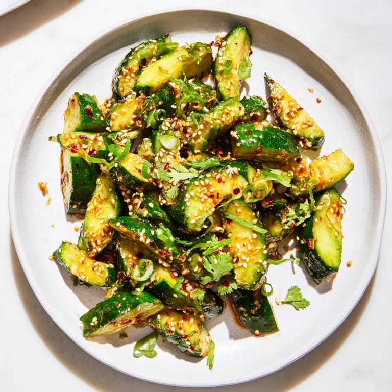 This delicious Chinese Spicy Smashed Cucumber Salad shows tender, smashed cucumbers coated in a savory dressing.
