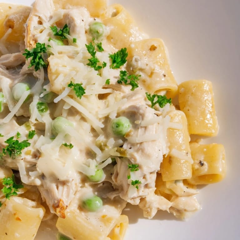 Delicious Slow Cooker Chicken Alfredo Pasta Bake featuring shredded chicken and pasta in a rich, cheesy sauce.