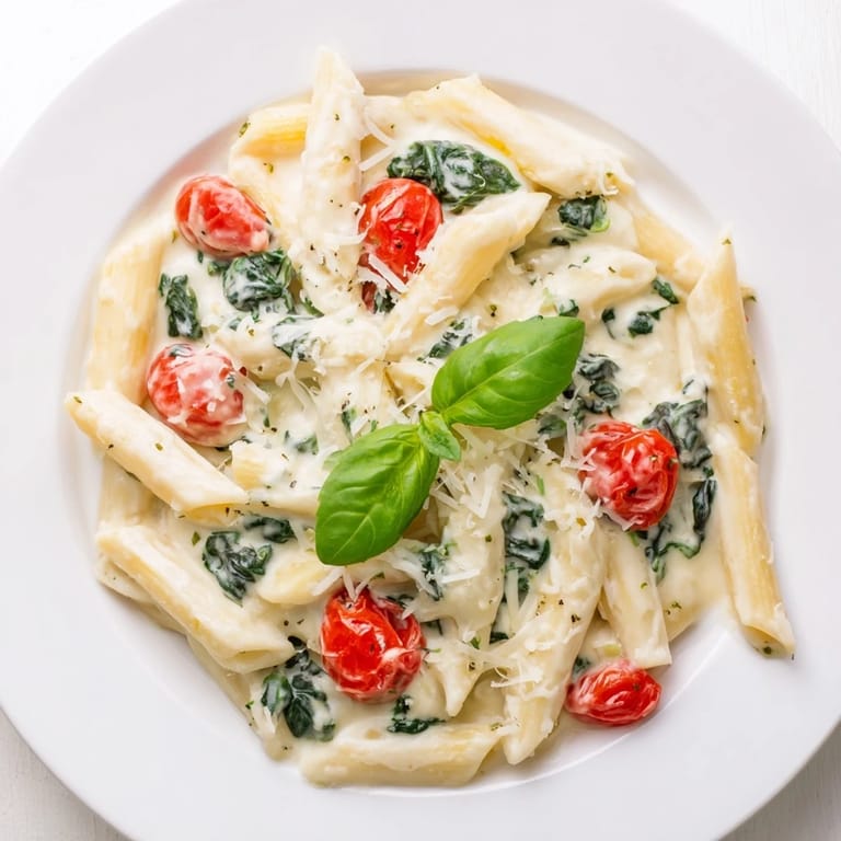 Delectable high-protein creamy pasta with cottage cheese, spinach, and vibrant cherry tomatoes.