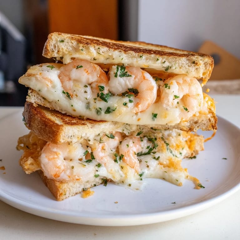 A close-up shot of a melty Quick Shrimp Grilled Cheese, perfectly grilled with golden bread.