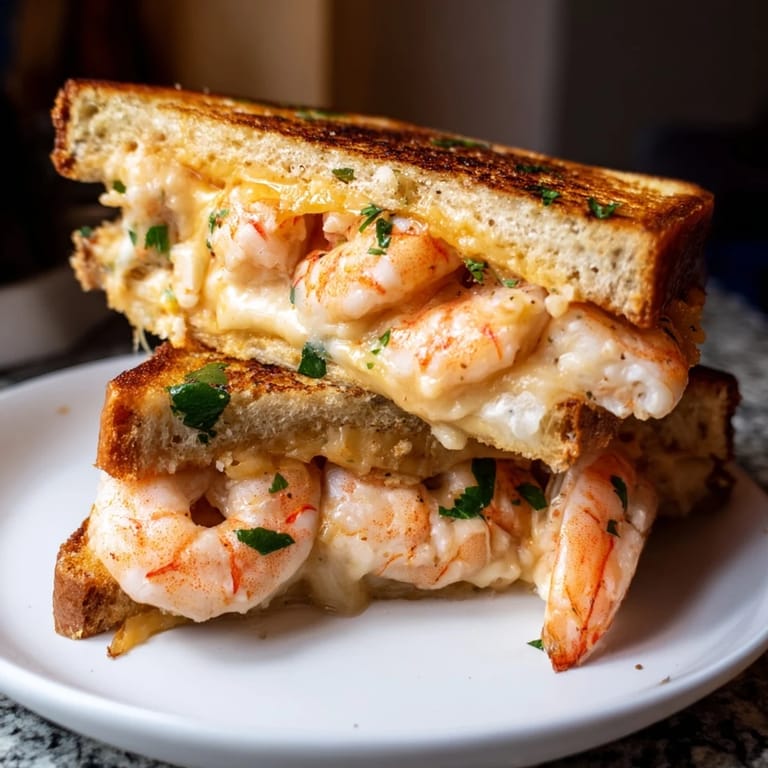 Savory Quick Shrimp Grilled Cheese, oozing with cheese, served hot, a delicious American meal.