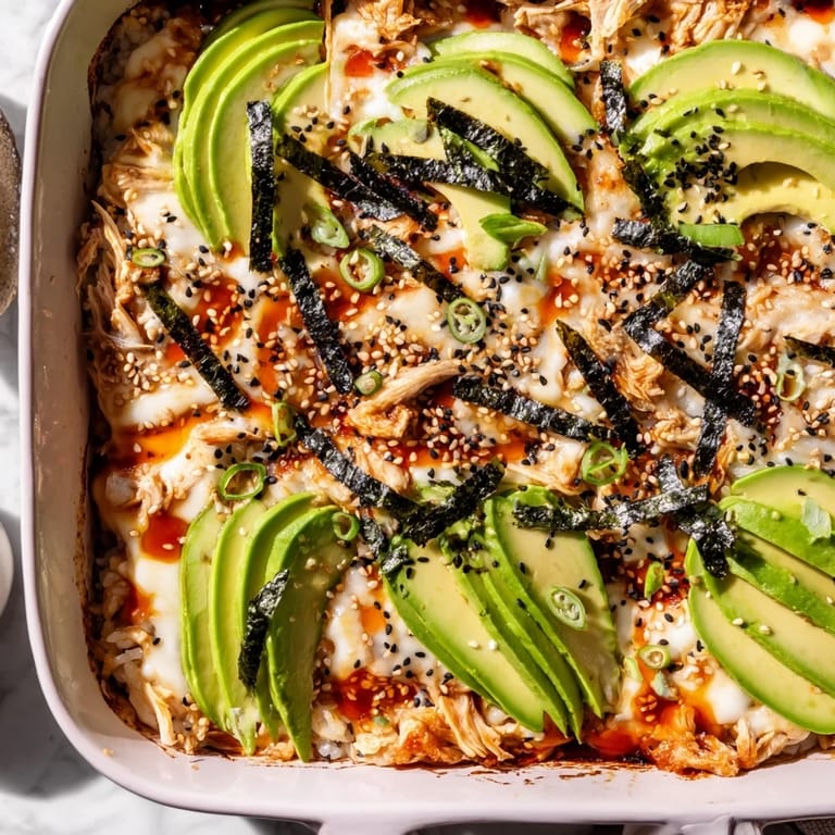 Savory Chicken Sushi Bake, topped with melted cheese and ready to be served from the baking dish.