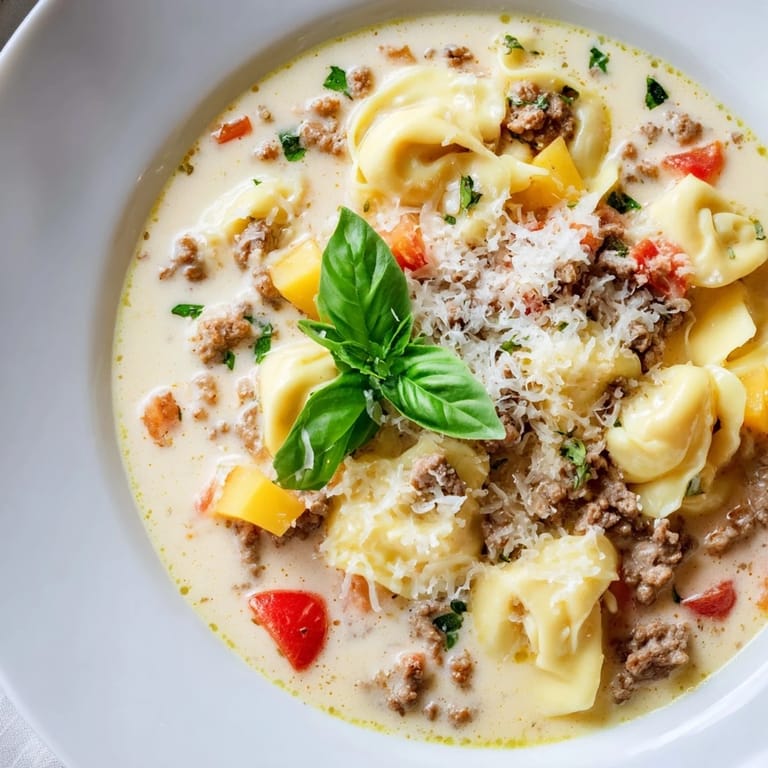 Warm, creamy Tortellini Beef Soup topped with Parmesan; imagine the delicious aroma!