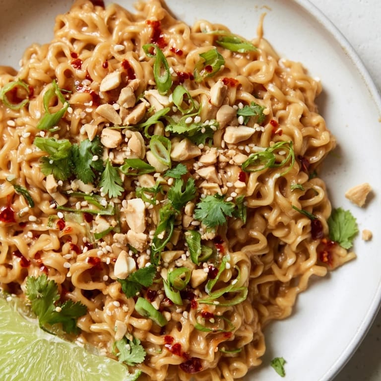 Close-up of vibrant Instant Peanut Thai Sauce Noodles, showcasing a creamy peanut butter glaze on cooked noodles.