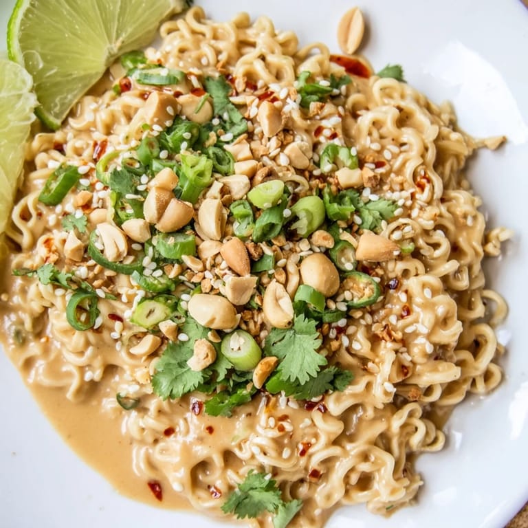 Delicious, flavorful Instant Peanut Thai Sauce Noodles ready to serve, perfect for a quick and easy weeknight dinner.