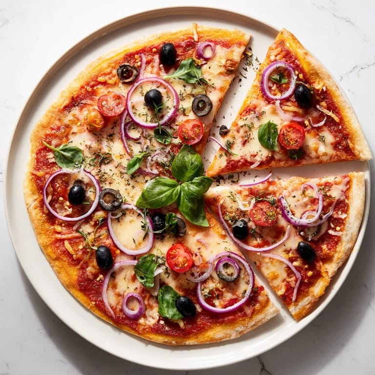 A visually appealing close-up of Crispy Tortilla Pizza showing a variety of fresh toppings.