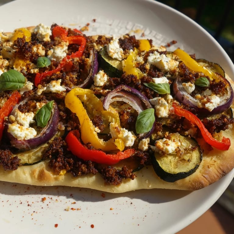 Warm and cheesy naan bread pizza topped with colorful roasted veggies, ideal for a quick meal.