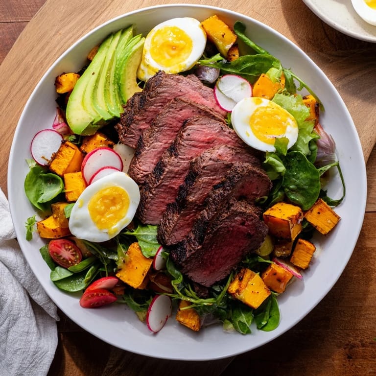 Beautifully plated High-Protein Beef Avocado Bowl with colorful veggies, flavorful beef, and a perfect egg.