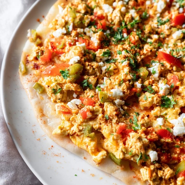 Freshly baked Turkish Menemen Eggs pizza, featuring creamy eggs and colorful bell peppers, ready to eat.