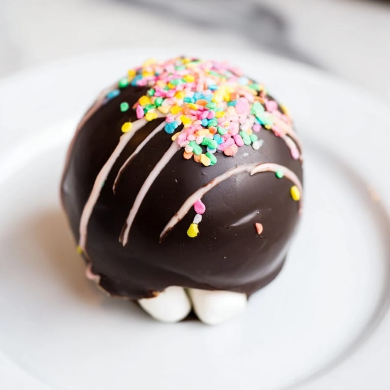 A delightful close-up: a Hot Chocolate Bomb ready to dissolve in hot milk, creating rich hot chocolate.