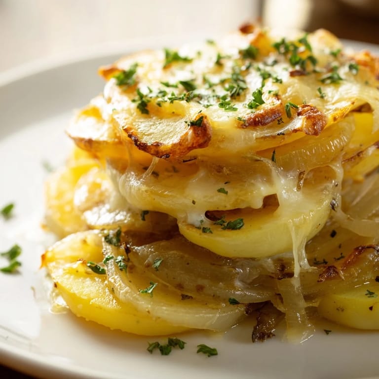 Golden-brown French Onion Soup Potatoes layered with savory onions, a vegetarian masterpiece baked until bubbly.