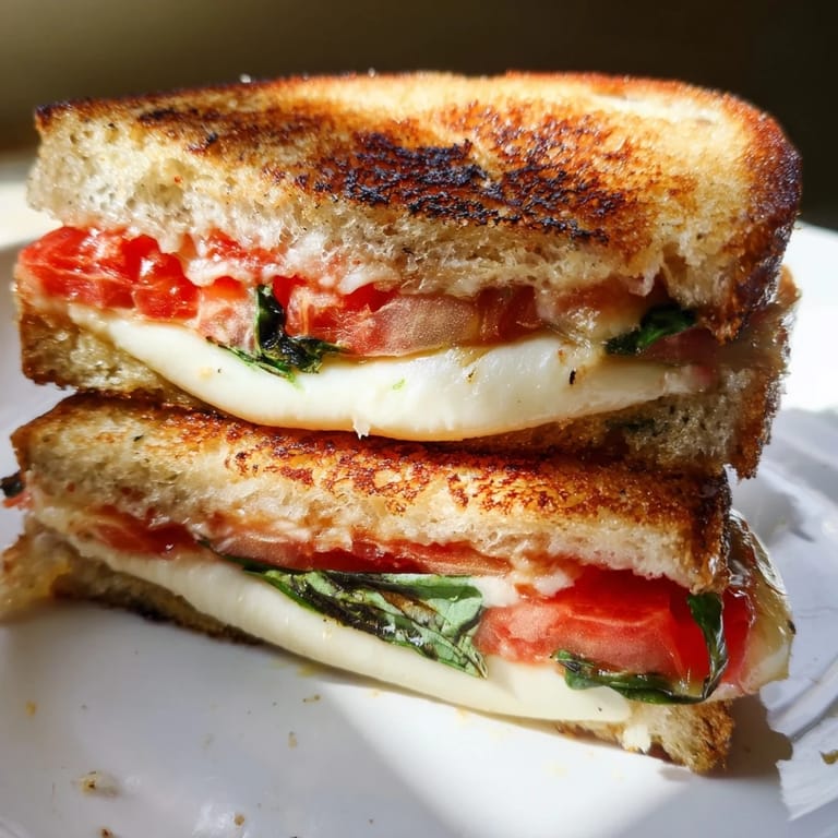 A close-up view of a crispy, toasted Tomato Basil Grilled Cheese, highlighting the juicy tomatoes and aromatic basil leaves tucked inside.  