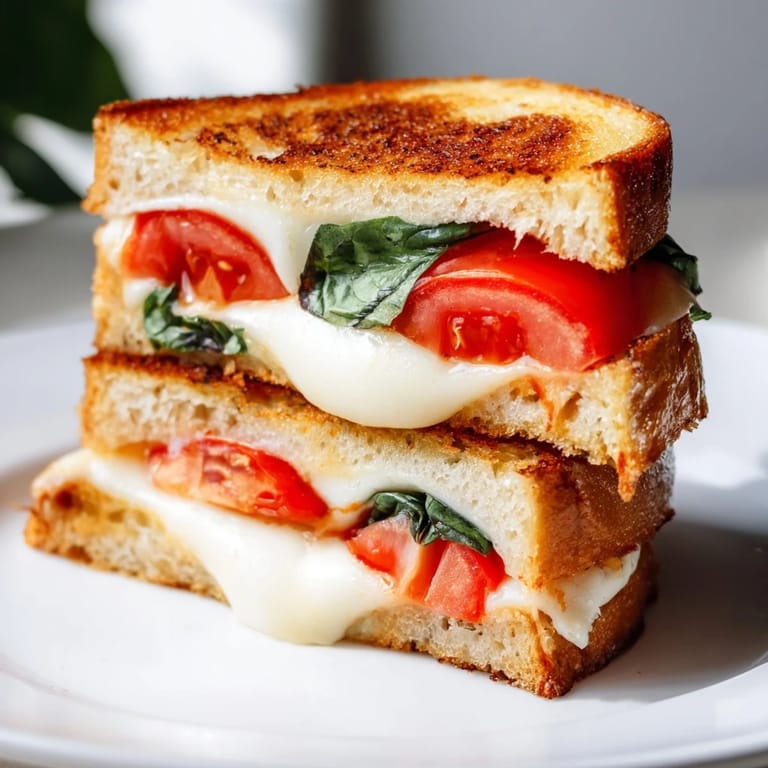 Toasted sandwich cut diagonally, revealing layers of creamy melted mozzarella, ripe tomato, and vibrant green basil on rustic sourdough bread.
