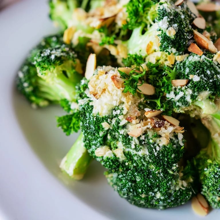 Vibrant chilled Garlic Parmesan Broccoli Salad featuring bright green broccoli, red onion, and cherry tomatoes, garnished with parsley.  