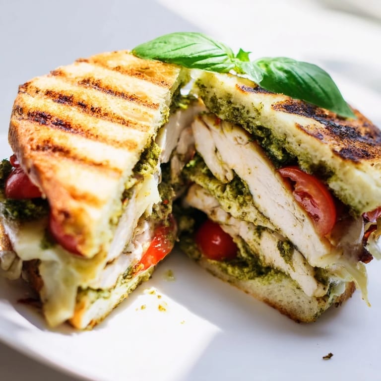 Golden ciabatta roll layered with tender grilled chicken, basil pesto, and melty mozzarella slices.