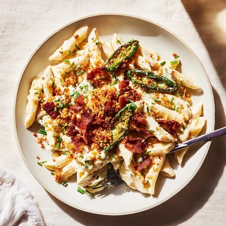 A close-up of baked Jalapeño Popper Pasta, topped with golden toasted panko breadcrumbs and fresh chives, served steaming hot.