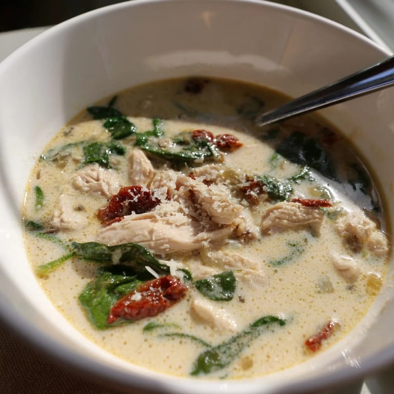 Creamy Tuscan Chicken Soup served hot with a slice of crusty bread for dipping.