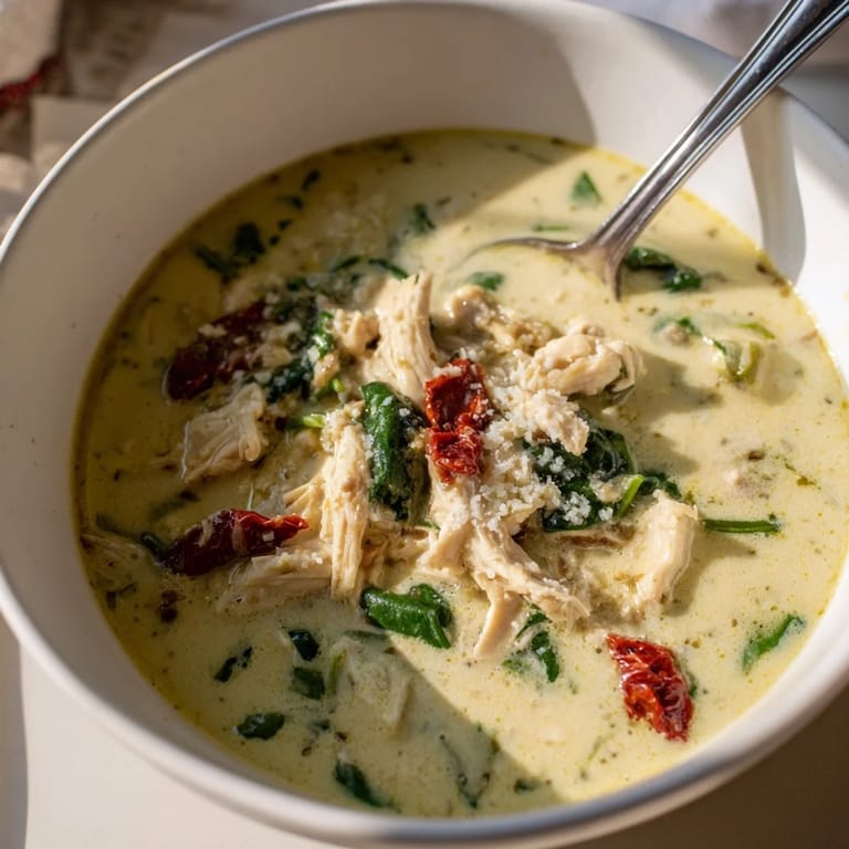 Vibrant Creamy Tuscan Chicken Soup featuring tender chicken, wilted spinach, and a savory cream broth.