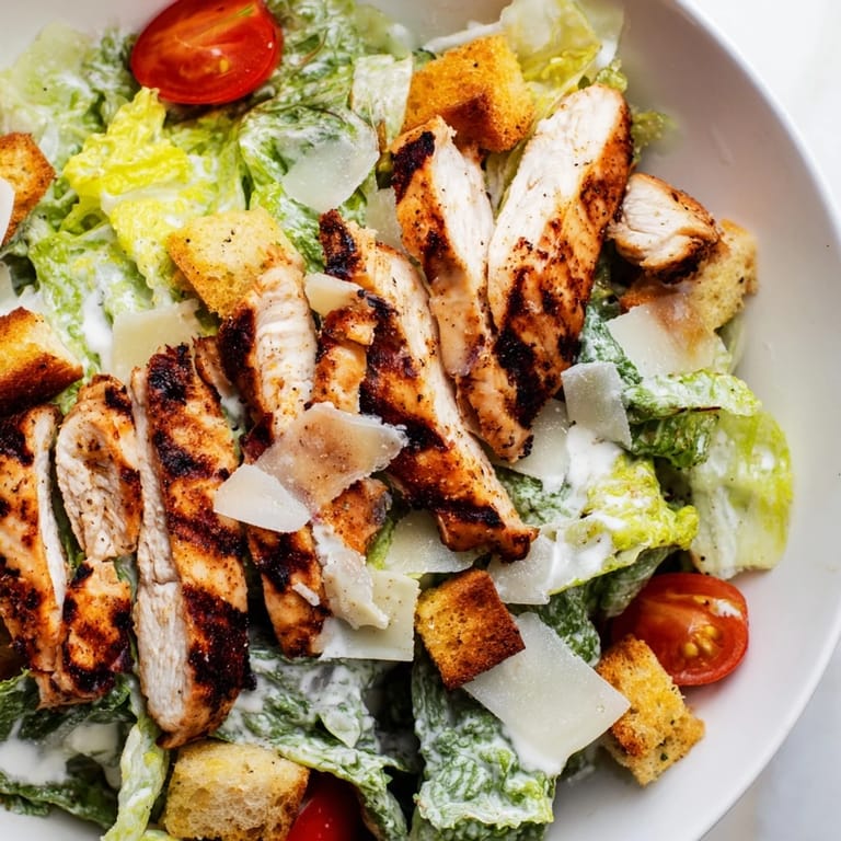 A close-up view shows golden-brown chicken and shaved Parmesan on a fresh salad, highlighting the vibrant colors of the Yogurt Caesar Grilled Chicken Salad.  