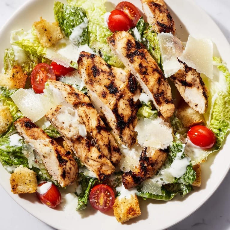 For a healthy weeknight meal, this Yogurt Caesar Grilled Chicken Salad combines juicy grilled chicken with homemade croutons and a tangy yogurt-based Caesar dressing.