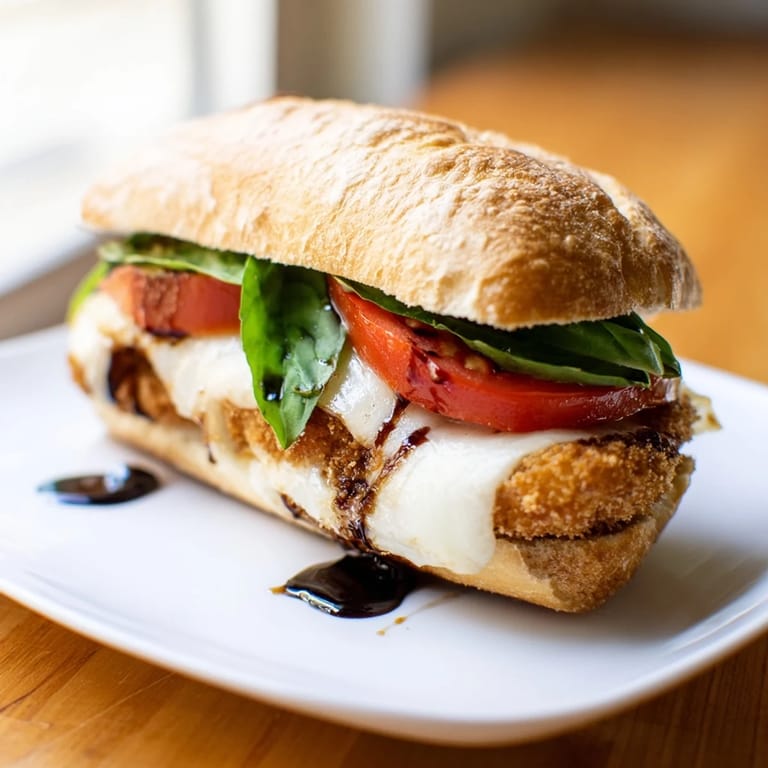 Savor a Crispy Chicken Caprese Sandwich stacked high on a rustic wooden board, perfect for lunch.
