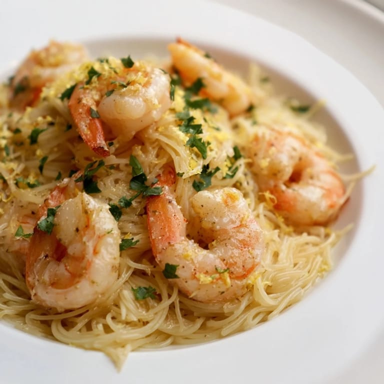 The bright, sautéed Lemon Butter Shrimp Pasta Lite glistens with buttery sauce and lemon zest, with a fork resting beside the dish.  