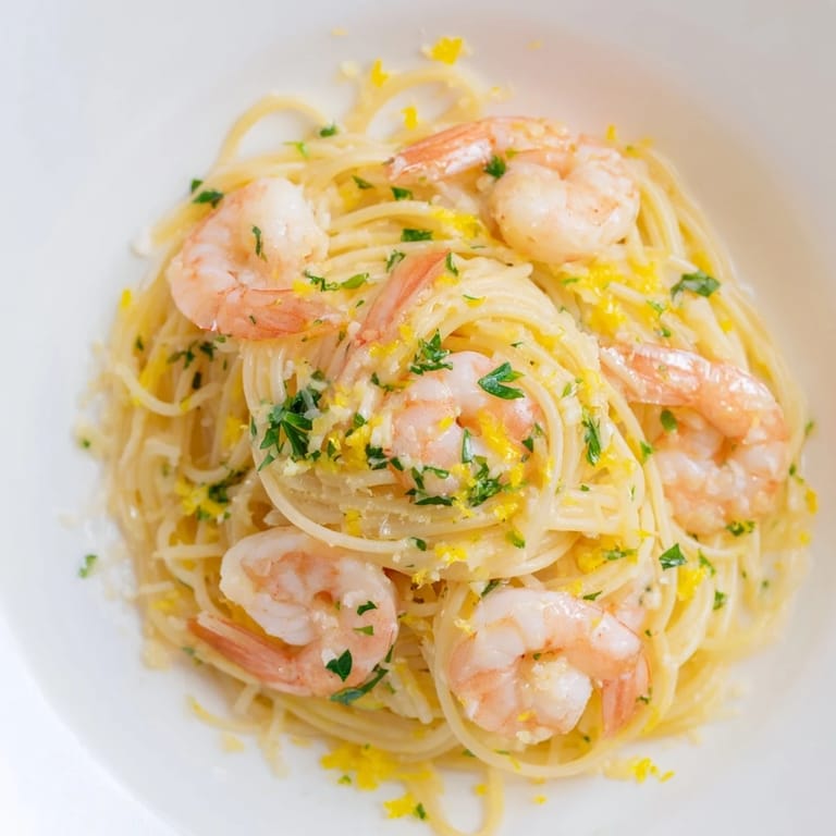 A steaming plate of Lemon Butter Shrimp Pasta Lite is garnished with parsley and lemon wedges, ready for a light weeknight dinner.
