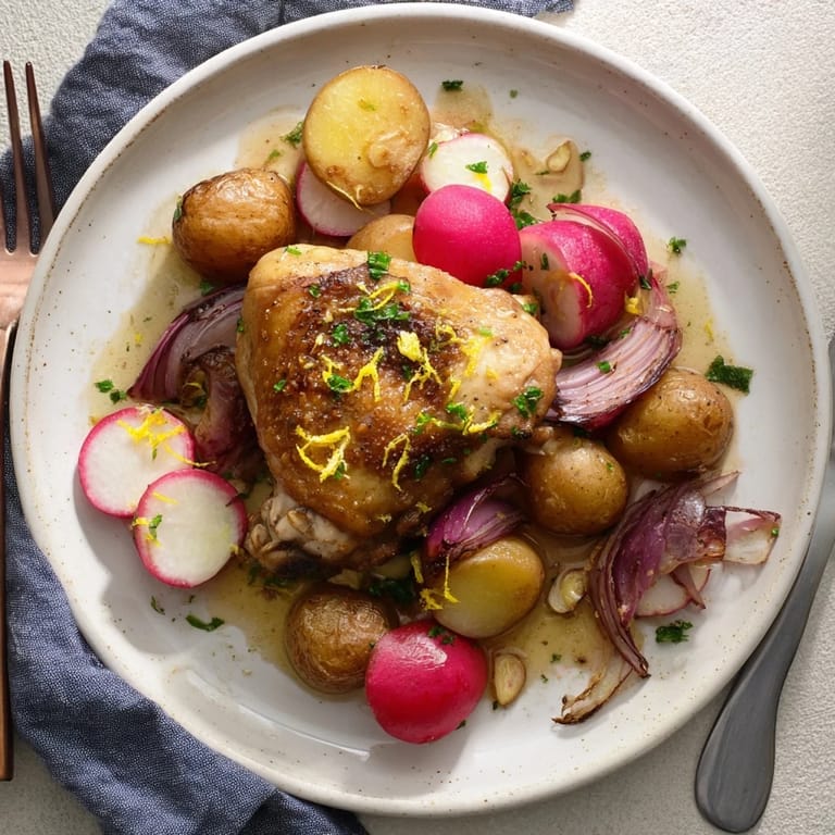 Roasted Radish & Chicken Sheet Pan meal features crispy chicken thighs, golden potatoes, and bright roasted radishes served straight from the baking sheet.