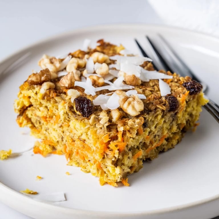 A warm slice of Carrot Cake Baked Oatmeal served with creamy Greek yogurt and maple syrup.