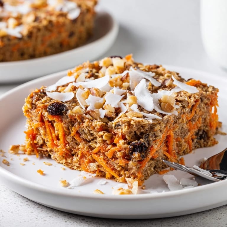 Freshly baked Carrot Cake Baked Oatmeal with shredded carrots, raisins, and a cozy cinnamon aroma.