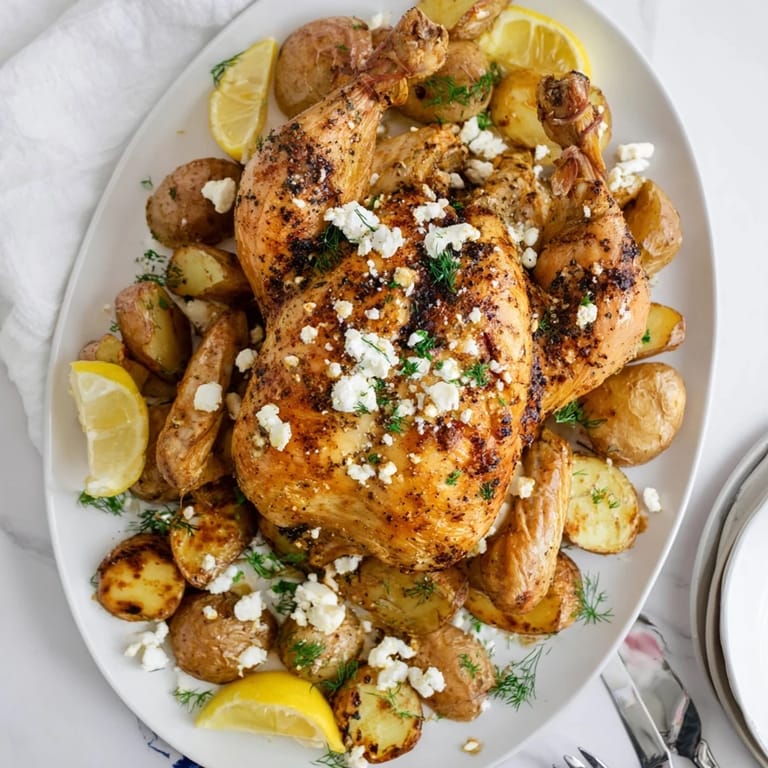 A close-up of Roasted Chicken with Pot Potatoes, Lemon Herbs, and Feta highlights creamy feta crumbles and glistening lemony pan juices.